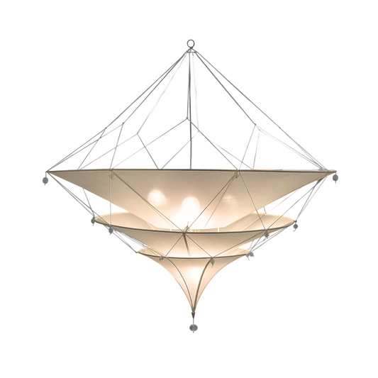 Geometric pendant light with beige fabric shade on a white background