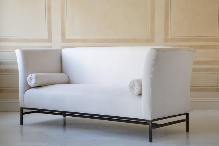 Contemporary Linen Sofa with Iron Base by Tara Shaw