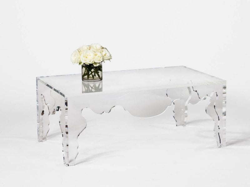 Contemporary Rococo Coffee Table in Acrylic by Tara Shaw with vase  of flowers sitting on top