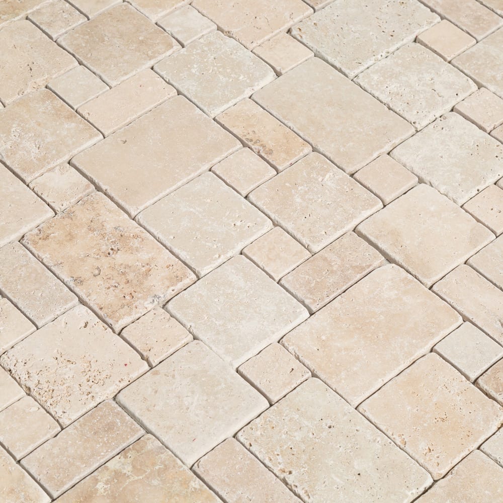 Classic Beige Travertine Versailles Pattern Tumbled Mosaic Floor and Wall Tile - Livfloors Collection