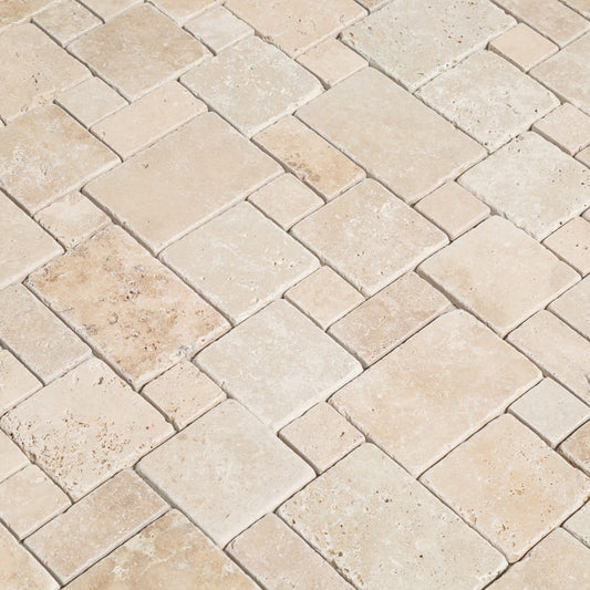 Classic Beige Travertine Versailles Pattern Tumbled Mosaic Floor and Wall Tile - Livfloors Collection