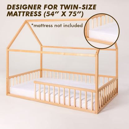Twin Size Montessori House Bed for Kids with Fence