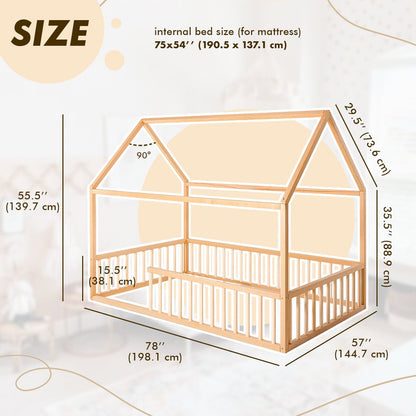 Twin Size Montessori House Bed for Kids with Fence