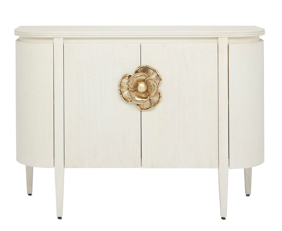 Briallen White Demi-Lune Cabinet by Currey and Company front view showing  beautiful impressive siized brass flower cabinet pull.