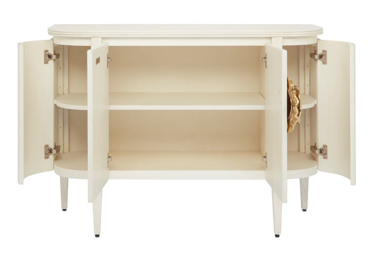 Briallen White Demi-Lune Cabinet by Currey and Company open doors showing shelving