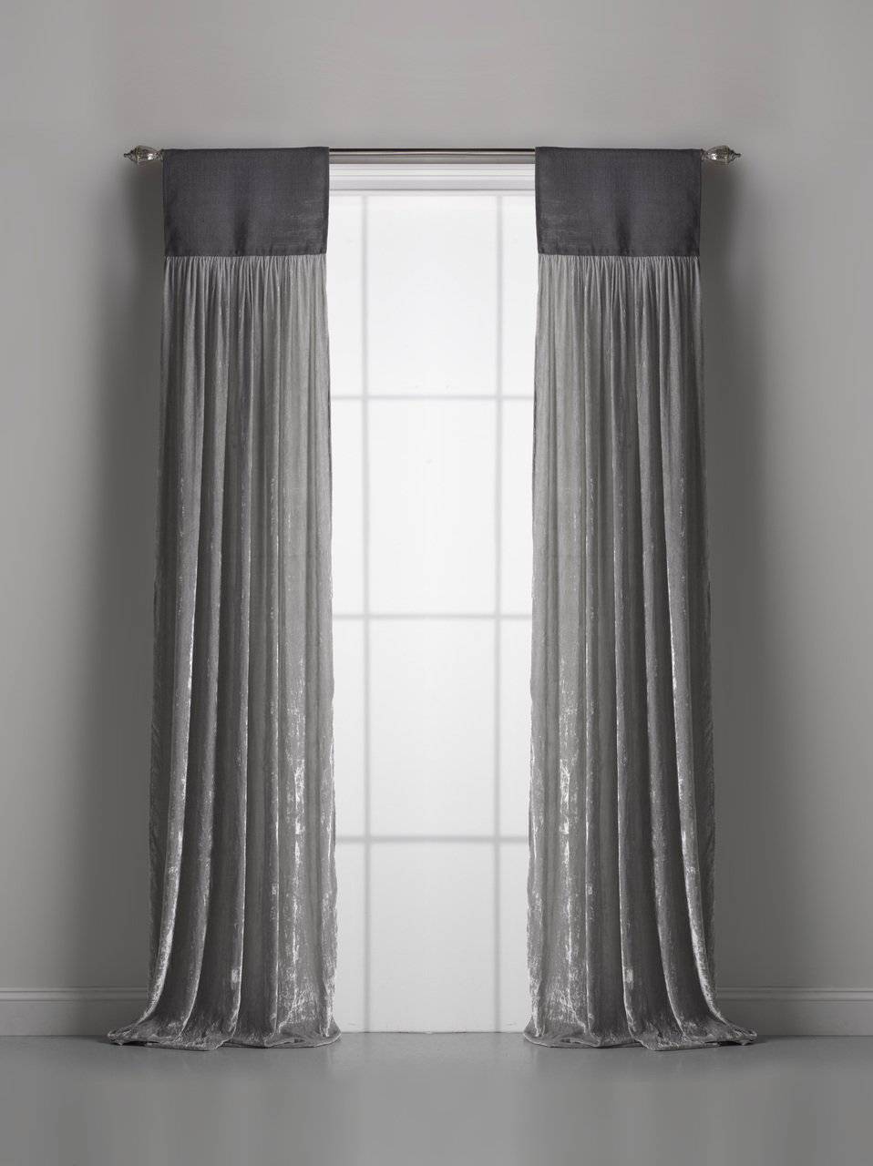 Couture Dreams Luscious Grey Platinum Silk Velvet with Dark Grey Jute Header Window Curtains - Maison de Kristine