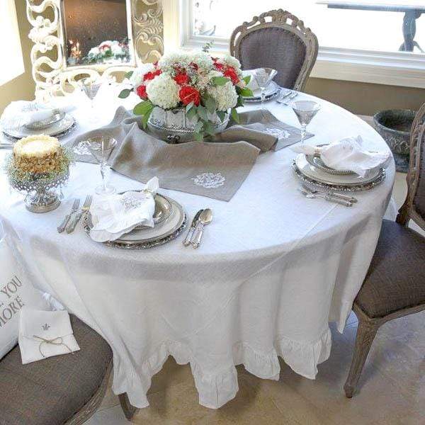 Round Linen Tablecloth 90" Solid White Color Ruffle Border - Maison de Kristine