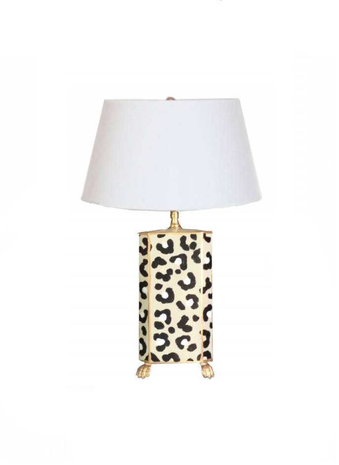 White Leopard Table Lamp & Shade, Hand Painted Tole - Maison de Kristine