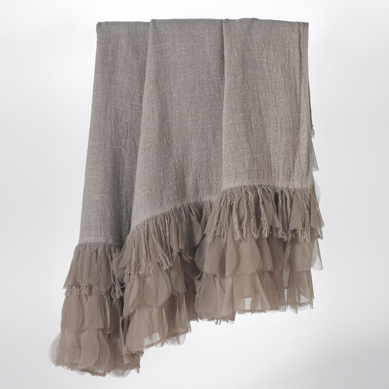 Chichi Flax/Taupe Linen Throw with Cascading Tulle Petal Throw 50"W x 70" L