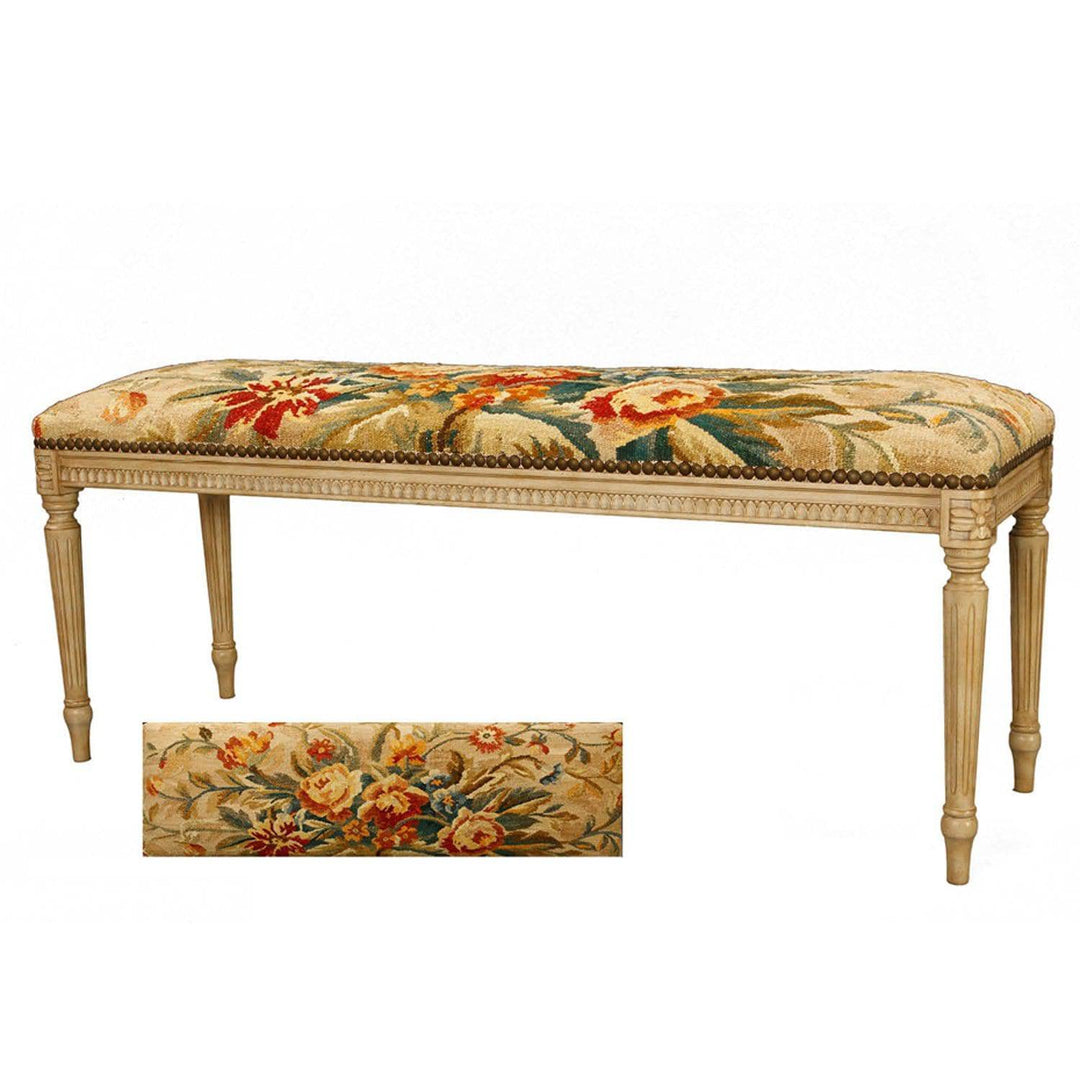 Brown Damask Bench with Hand Spun Wool Aubusson Cover - Maison de Kristine
