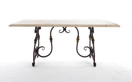 French Rustic Wooden Dining Table With Scrolled Wrought Iron Base - Maison de Kristine