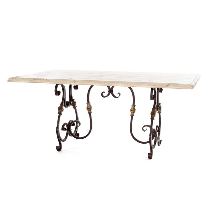 French Rustic Wooden Dining Table With Scrolled Wrought Iron Base - Maison de Kristine