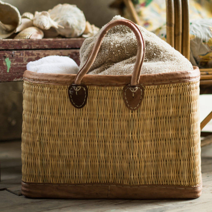 Leather Trimmed Tote Basket, Various Sizes - Maison de Kristine