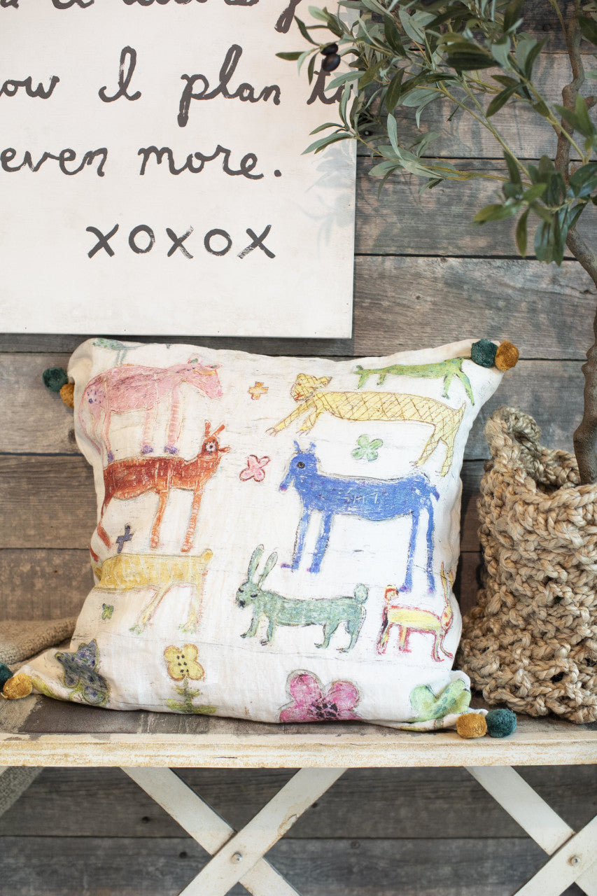 Stacked Animals with Pom Poms Pillow by Sugarboo Designs