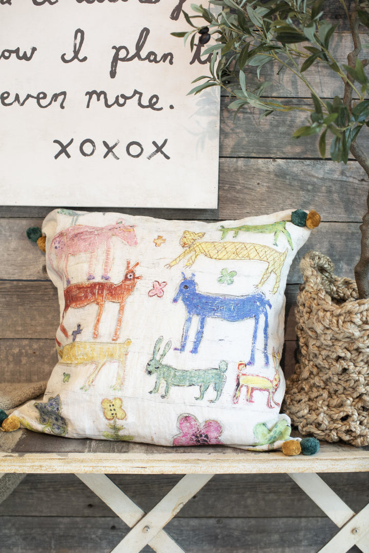 Stacked Animals with Pom Poms Pillow by Sugarboo Designs