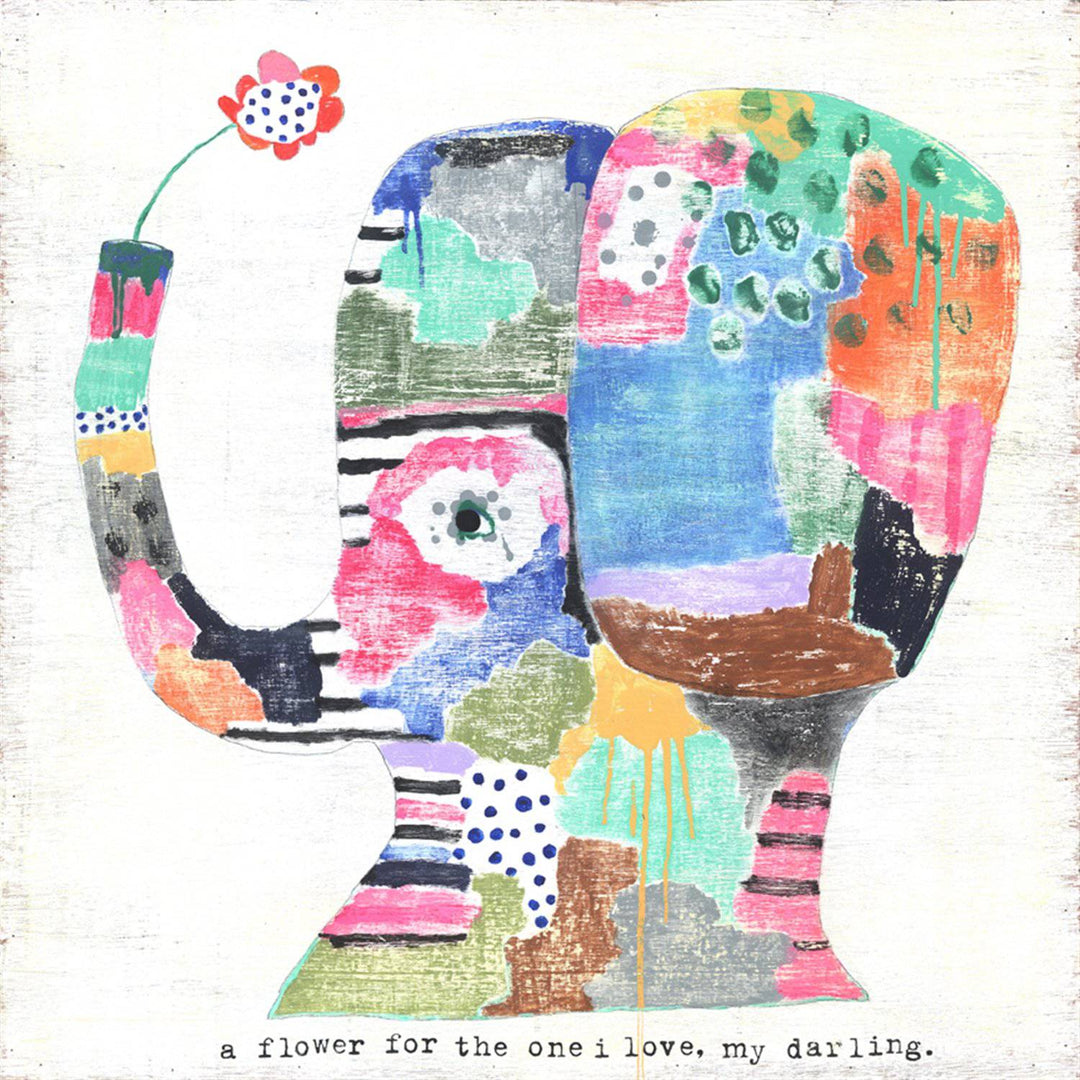  elephant holding flower,unique design,colorful, fun art piece, bring joy artwork, brightly colored artwork